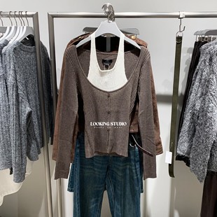 UR&DC2025秋季新款明星同款挂脖扣饰拼接假两件长袖针织衫女上衣