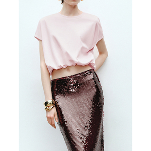 UR&DC2025夏季新款浅粉色时尚设计感运动风圆领短袖T恤女短款上衣