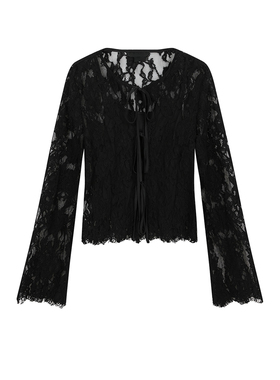 UR&DC2026春季新款法式蕾丝毛边短款开襟系带长袖衬衫女黑色上衣