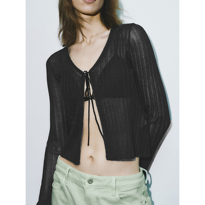 UR&DC2025春季新款轻熟风气质休闲系带短款薄款针织开衫女V领上衣