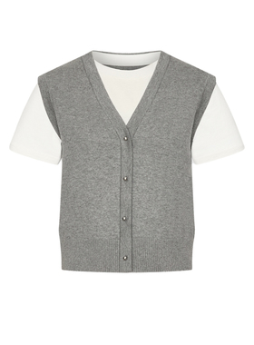 UR&DC2026春季新款气质撞色拼接假两件扣饰短袖针织衫女短款上衣