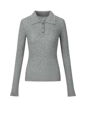 UR&DC2025秋季新款打底衫灰色纽扣polo翻领修身长袖针织衫女上衣