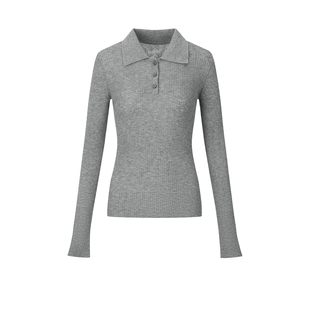 UR&DC2025秋季新款打底衫灰色纽扣polo翻领修身长袖针织衫女上衣