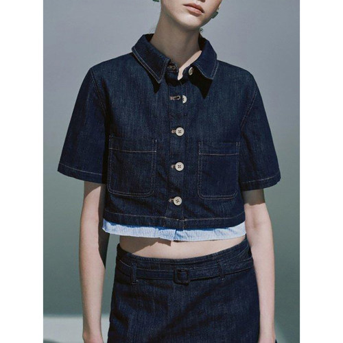 UR&DC2025夏季新款时尚复古撞色翻领拼接短袖牛仔衬衫女短款上衣