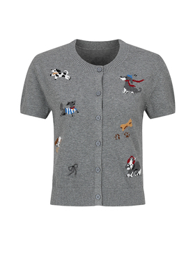 UR&DC2026春季新款休闲粉彩风萌宠刺绣圆领针织开衫女短款上衣潮