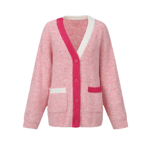 UR&DC2024秋季新款甜美学院风撞色拼接长袖针织开衫毛衣外套女厚