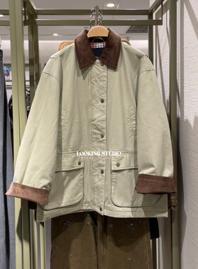 UR&DC2025冬季新款超宽松休闲复古巴恩风撞色拼接翻领棉服外套女