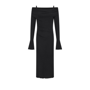 UR&DC2025春季新款黑色气质魅力氛围感修身一字领针织连衣裙长裙