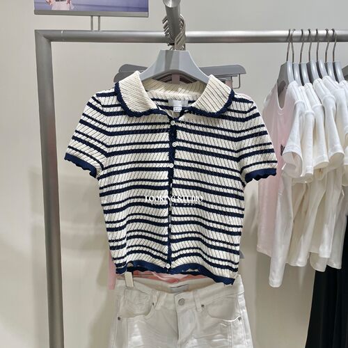 UR&DC2026夏季新款撞色条纹都市娃娃领花边短袖针织开衫女短上衣