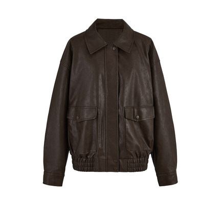 UR&DC2024冬季新款复古美拉德廓形机车风翻领PU皮棉服短款外套女