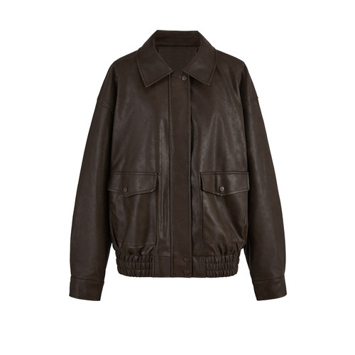 UR&DC2024冬季新款复古美拉德廓形机车风翻领PU皮棉服短款外套女