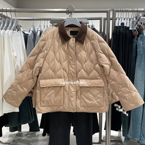 UR&DC2025冬季新款宽松休闲翻领波浪绗缝双口袋短款羽绒服女外套