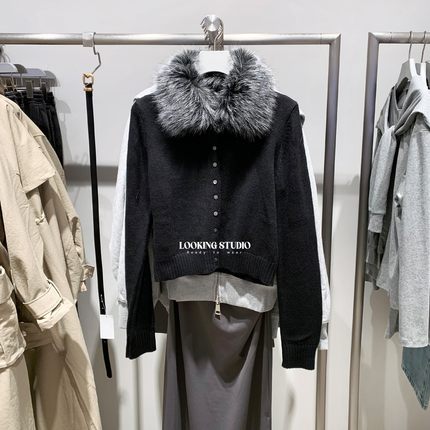 UR&DC2025秋冬新款钟楚曦同款气质高级感拼接毛领长袖针织开衫女