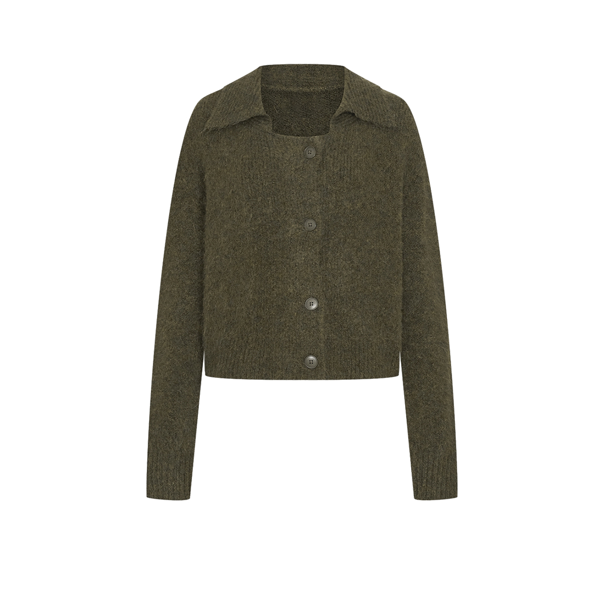 UR&DC2025春季新款法式魅力氛围感翻领针织开衫女橄榄绿短款上衣