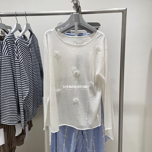 UR&DC2026春季新款休闲立体钉珠花朵圆领套头白色长袖针织衫女薄