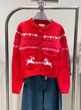 UR&DC2026春季新款新年圣诞节费尔岛小马提花圆领长袖针织开衫女