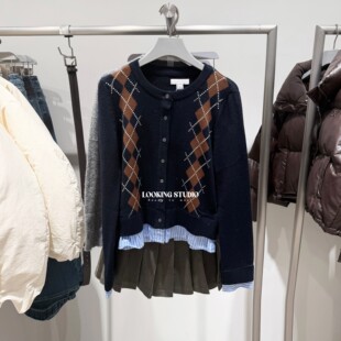 UR&DC2025冬季新款法式复古学院风菱格拼接假两件长袖针织开衫女