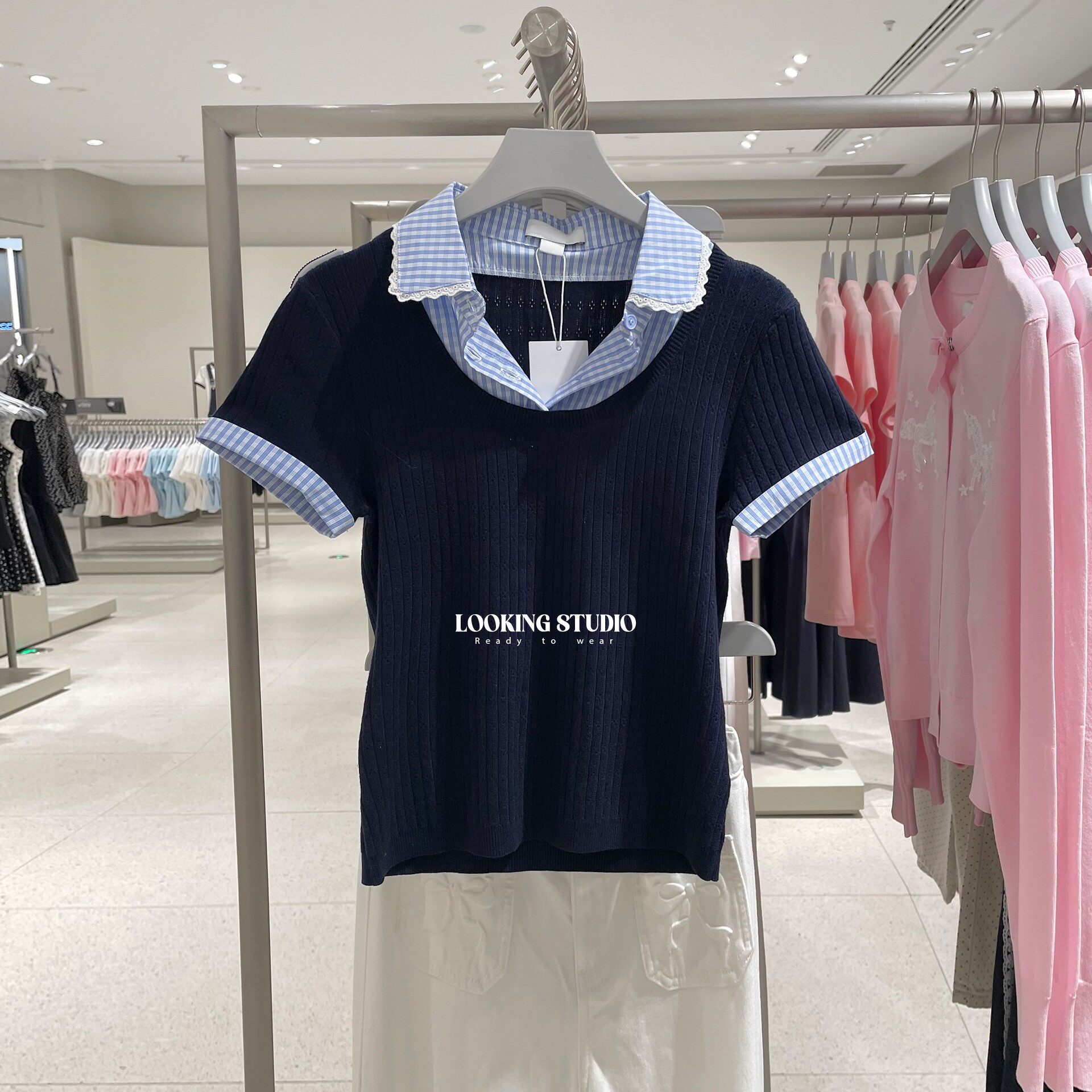 UR&DC2026夏季新款ins学院风拼接假两件格纹短袖针织衫女短款上衣