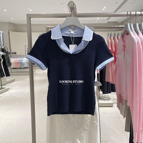 UR&DC2026夏季新款ins学院风拼接假两件格纹短袖针织衫女短款上衣