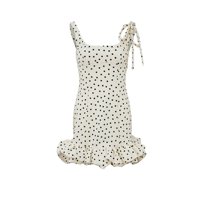 UR&DC2025夏季新款法式高级感气质波点修身系带荷叶边花苞连衣裙