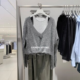 UR&DC2025秋季新款潮流假两件撞色拼接圆领短款长袖针织衫女上衣