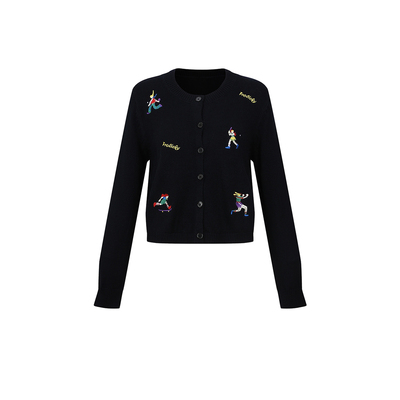 UR&DC2025秋季新款休闲趣味运动刺绣短款圆领长袖针织开衫女上衣