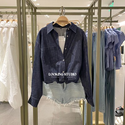 UR&DC2025秋季新款法式气质高智精英褶皱短款长袖牛仔衬衫女上衣