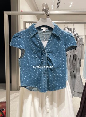 UR&DC2026夏季新款休闲波点翻领纽扣开襟短款牛仔衬衫女修身上衣
