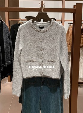 UR&DC2025冬季新款法式小香风魅力气质水钻饰排扣针织开衫女外套