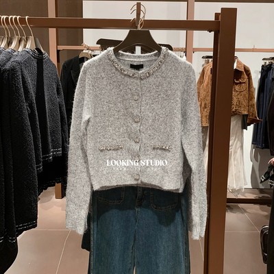 UR&DC2025冬季新款法式小香风魅力气质水钻饰排扣针织开衫女外套