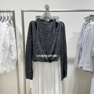 UR&DC2025秋季新款简约风设计感假两件圆领长袖针织衫女短款上衣