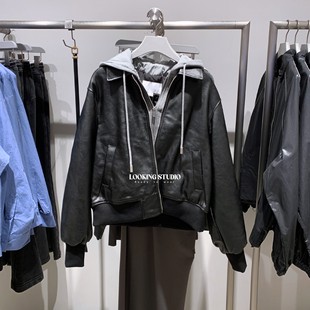 UR&DC2025冬季新款机车风潮酷拼接假两件连帽PU皮短款棉服外套女