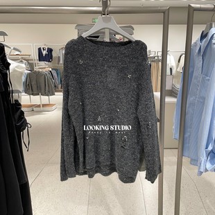 UR&DC2025秋季新款设计感超宽松潮流亮片水钻饰破洞长袖针织衫女