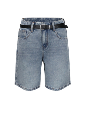 UR&DC2025夏季新款休闲复古猫须水洗浅蓝色腰带牛仔短裤女直筒裤