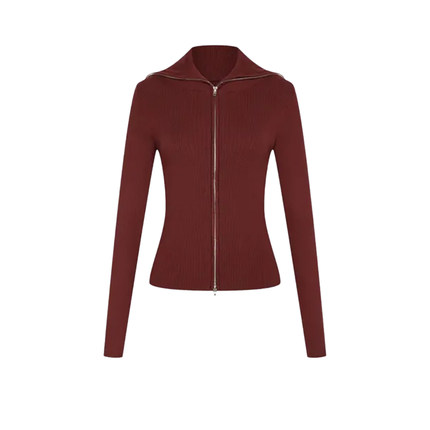 UR&DC2024秋季新款法式气质红色立领修身拉链针织开衫女长袖上衣