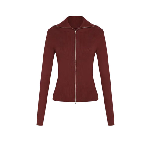 UR&DC2024秋季新款法式气质红色立领修身拉链针织开衫女长袖上衣