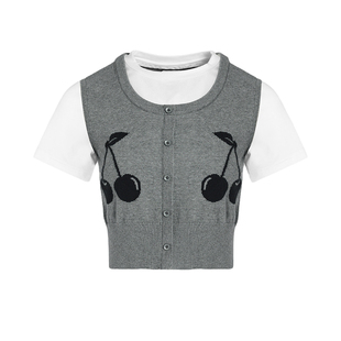 UR&DC2024夏季新款甜美减龄撞色短款假两件樱桃图案短袖针织衫女