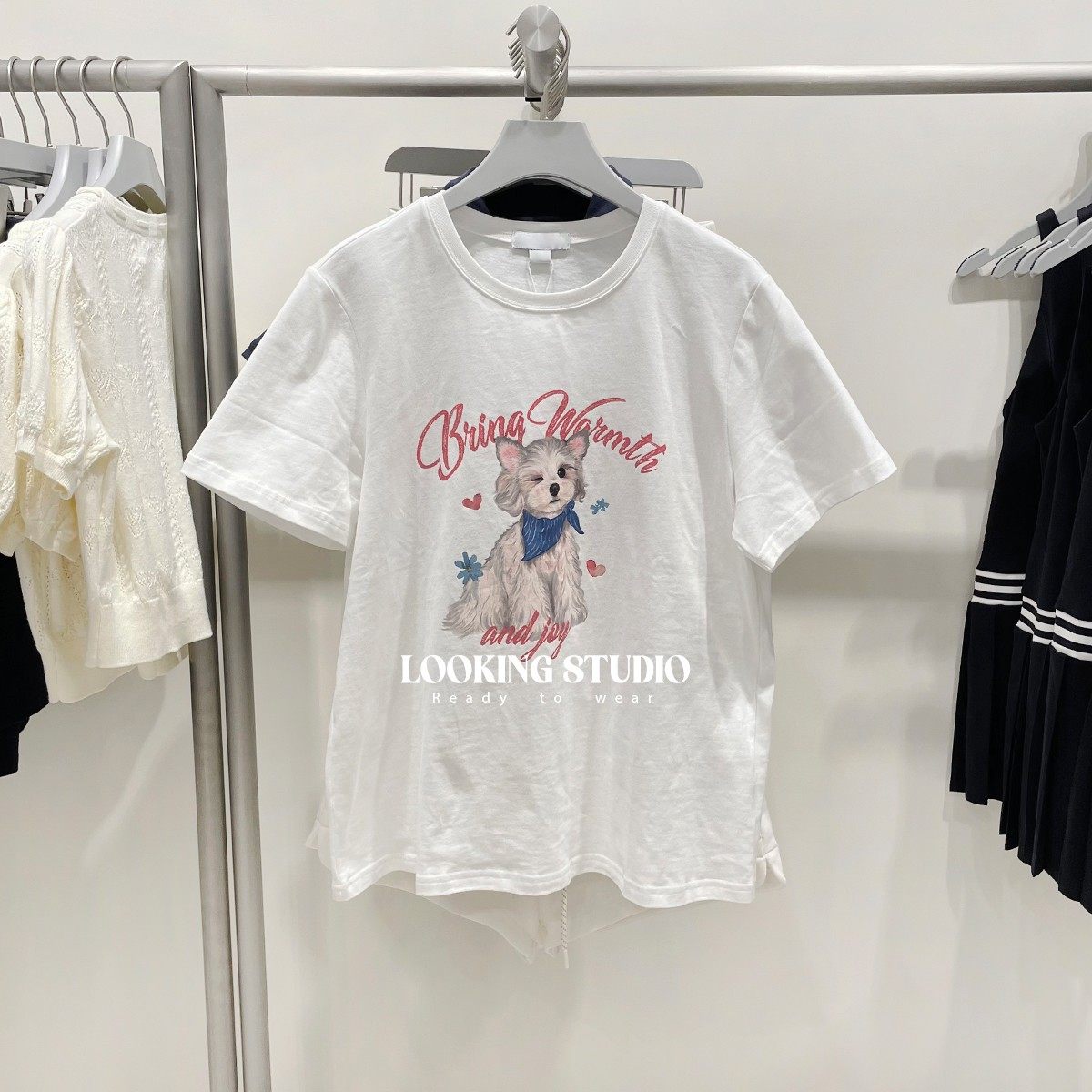 UR&DC2025夏季新款趣味休闲萌宠印花纯棉圆领短袖T恤女白色上衣潮