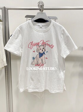 UR&DC2025夏季新款趣味休闲萌宠印花纯棉圆领短袖T恤女白色上衣潮