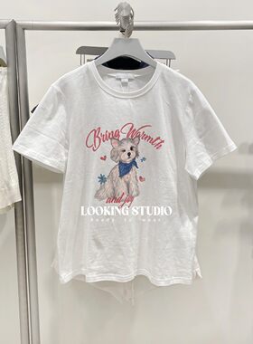 UR&DC2025夏季新款趣味休闲萌宠印花纯棉圆领短袖T恤女白色上衣潮