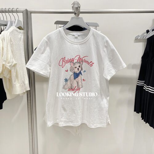 UR&DC2025夏季新款趣味休闲萌宠印花纯棉圆领短袖T恤女白色上衣潮