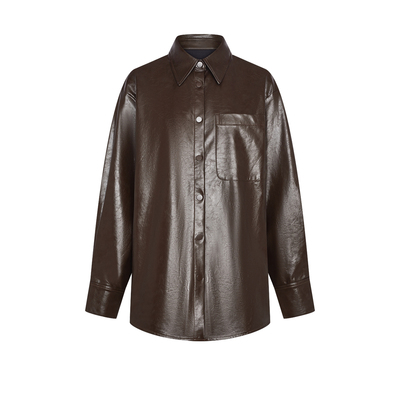 UR&DC2024冬季新款高级感时尚复古街头风棕色PU皮开襟长袖衬衫女