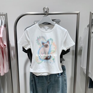 UR&DC2025秋季新款小个子鬼马童趣萌宠印花圆领短袖T恤女短款上衣