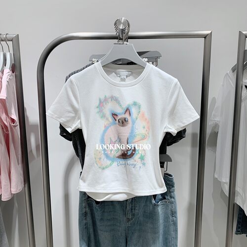 UR&DC2025秋季新款小个子鬼马童趣萌宠印花圆领短袖T恤女短款上衣