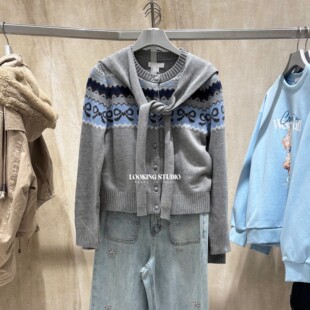 UR&DC2025冬季新款休闲费尔岛假两件绑带披肩长袖针织开衫女上衣