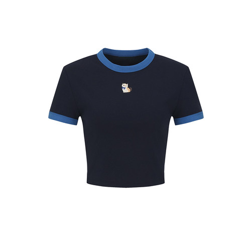 UR&DC2025夏季新款小个子撞色趣味猫咪刺绣圆领短袖T恤女短款上衣