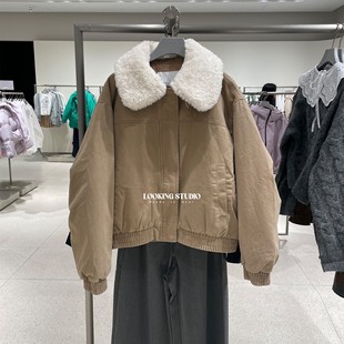 UR&DC2025冬季新款休闲拼接毛领超宽松卡其保暖羽绒服女短款外套