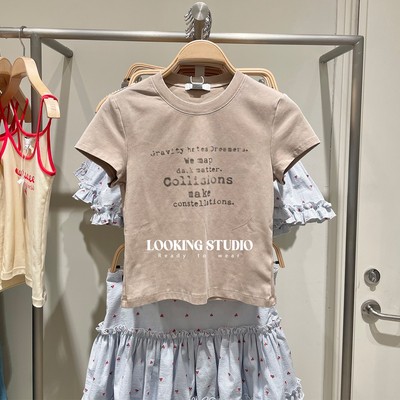 UR&DC2025夏季新款小个子休闲复古字母印花圆领短袖T恤女短款上衣