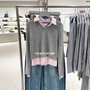 UR&DC2025秋季新款法式学院风假两件拼接条纹长袖针织衫女上衣潮