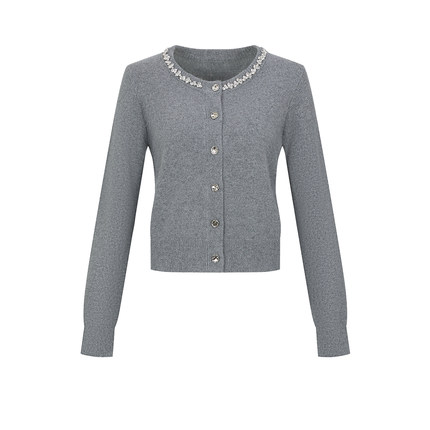 UR&DC2025秋季新款法式复古小香气质水钻圆领长袖针织开衫女上衣